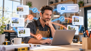 Contractor reviewing connected business listings, links and an AI answer illustration