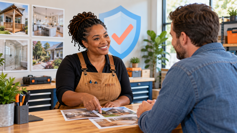 Service-business owner discussing project examples with a customer