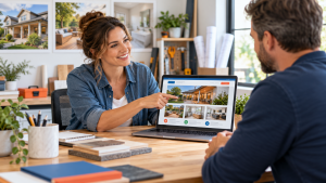 Business owner explaining service information to a customer on a laptop