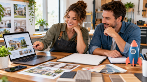 Business owner and collaborator planning a digital-presence launch
