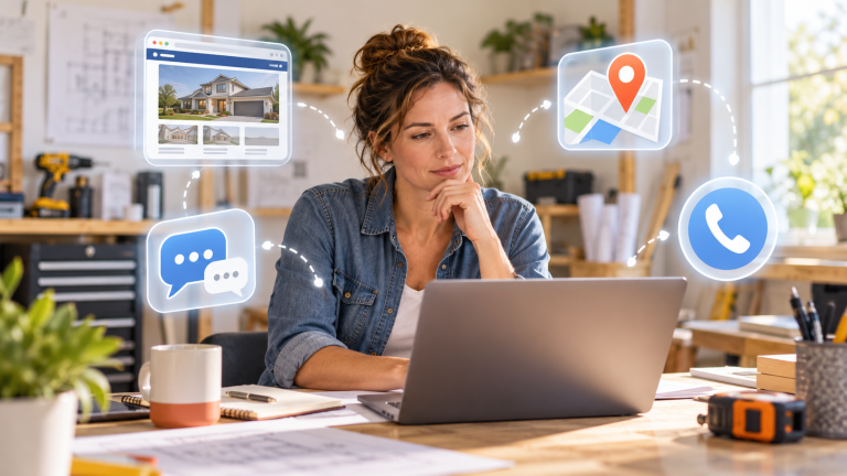Service-business owner reviewing her website and digital business profiles