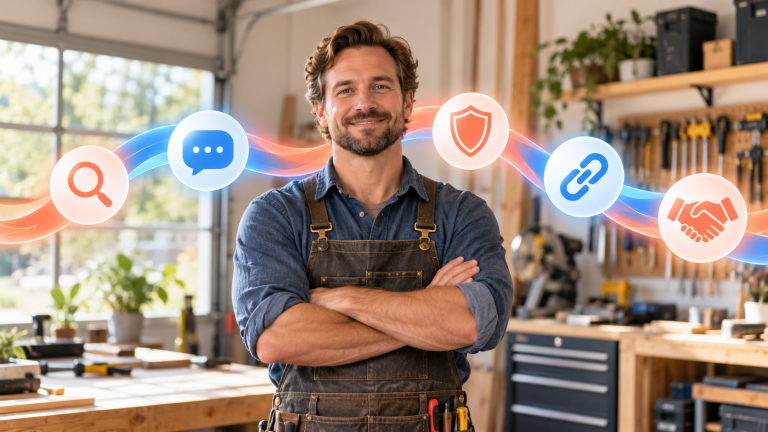 Business owner with symbols representing discovery, clarity, trust, authority and customer choice