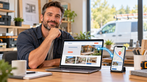 Contractor with a website and map-based business profile shown on connected devices